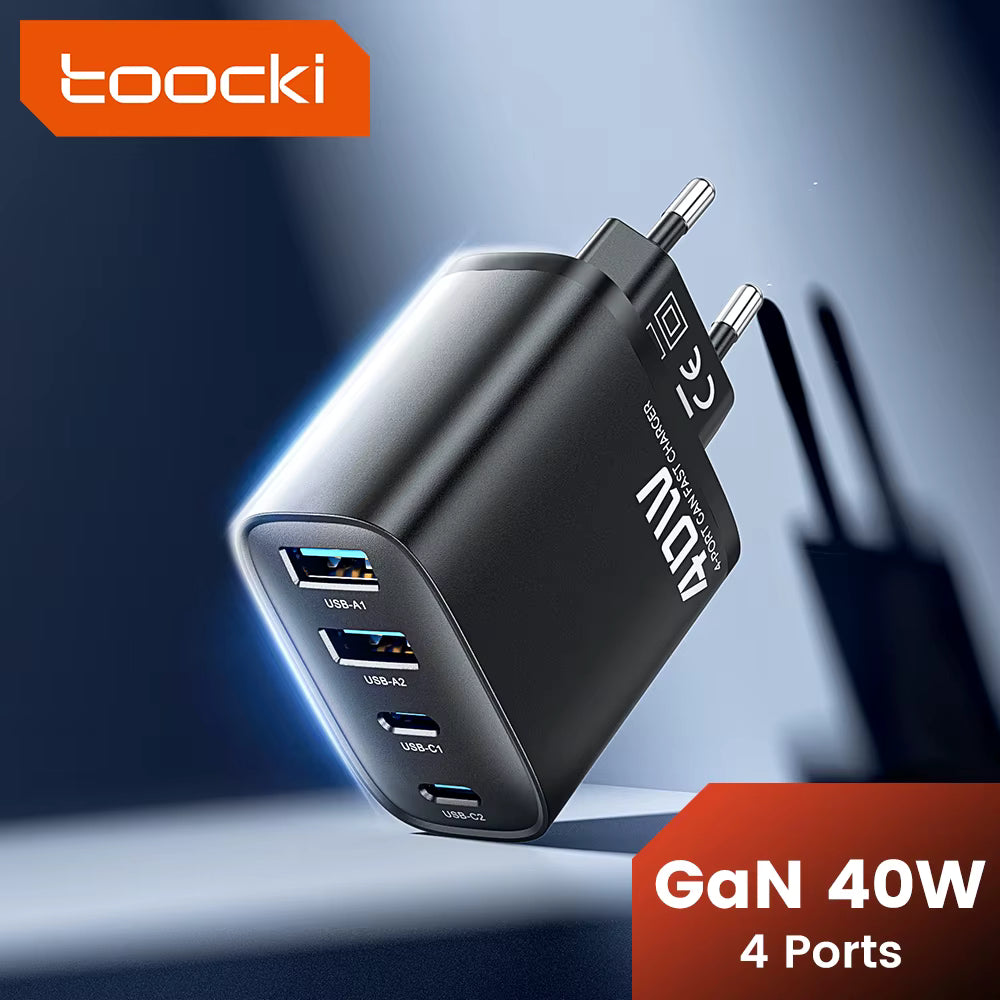 Toocki GaN 40W MAX Fast Charging PD Fast Charging For iPhone 16 15 14 USB C+USB A Fast Charger Quick Charge For iPad Samsung S21