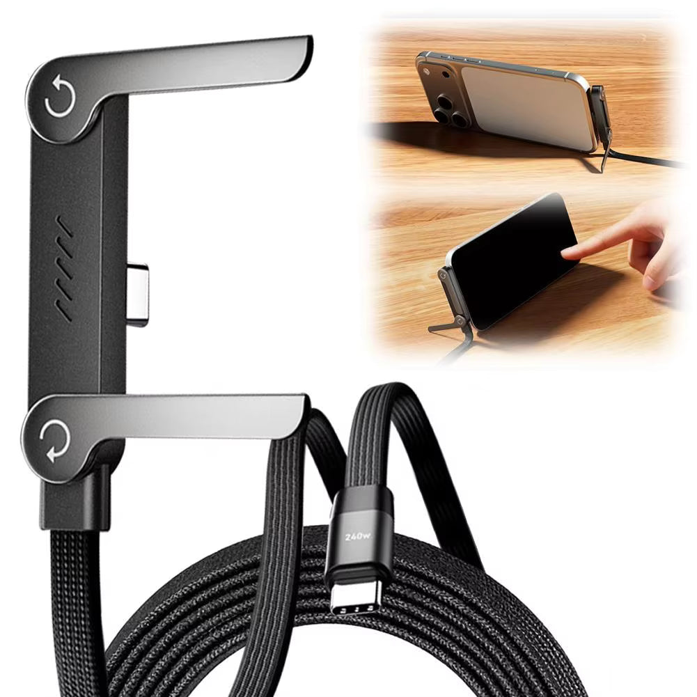 240W Super Fast Charging,Invisible Holder Charger Cable with Stand,Built-in Phone,Type C Braided Design for Gaming Office Travel