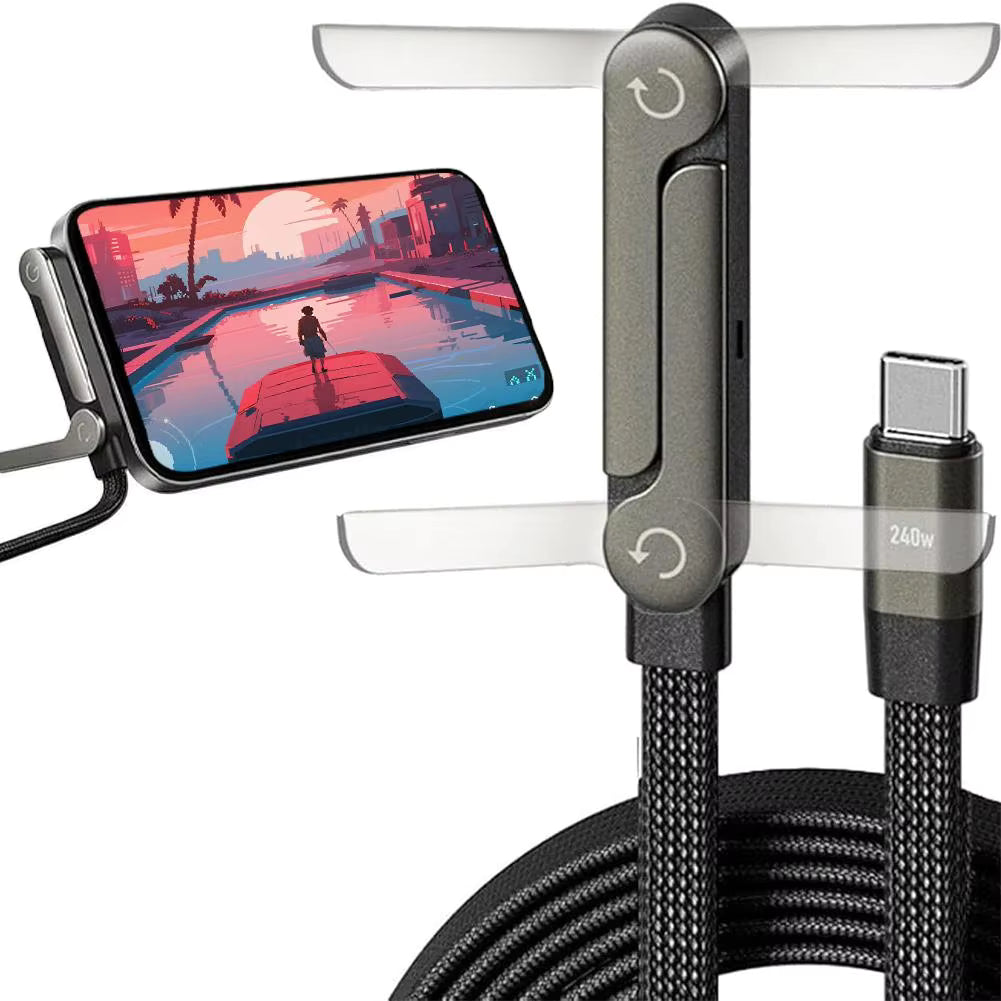 240W Super Fast Charging,Invisible Holder Charger Cable with Stand,Built-in Phone,Type C Braided Design for Gaming Office Travel